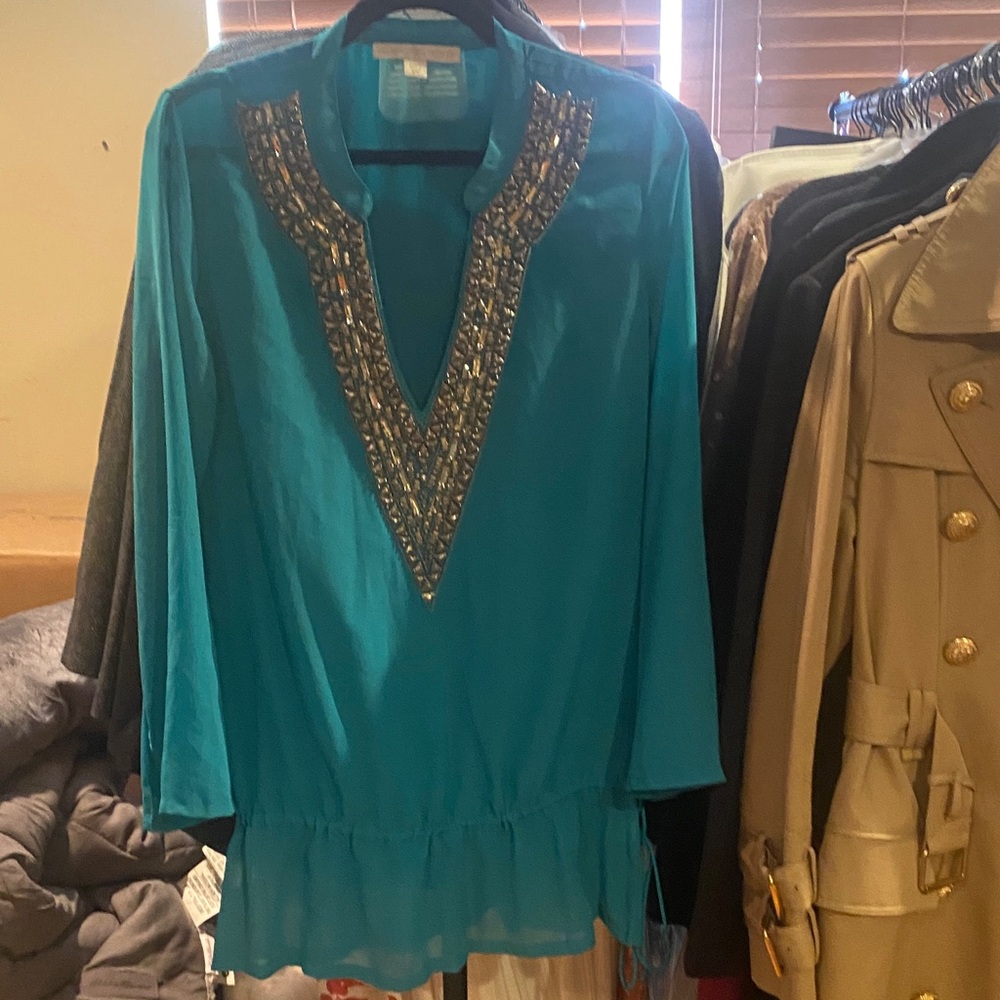 Boston Proper oversized Teal Beaded V-Neck Tunic